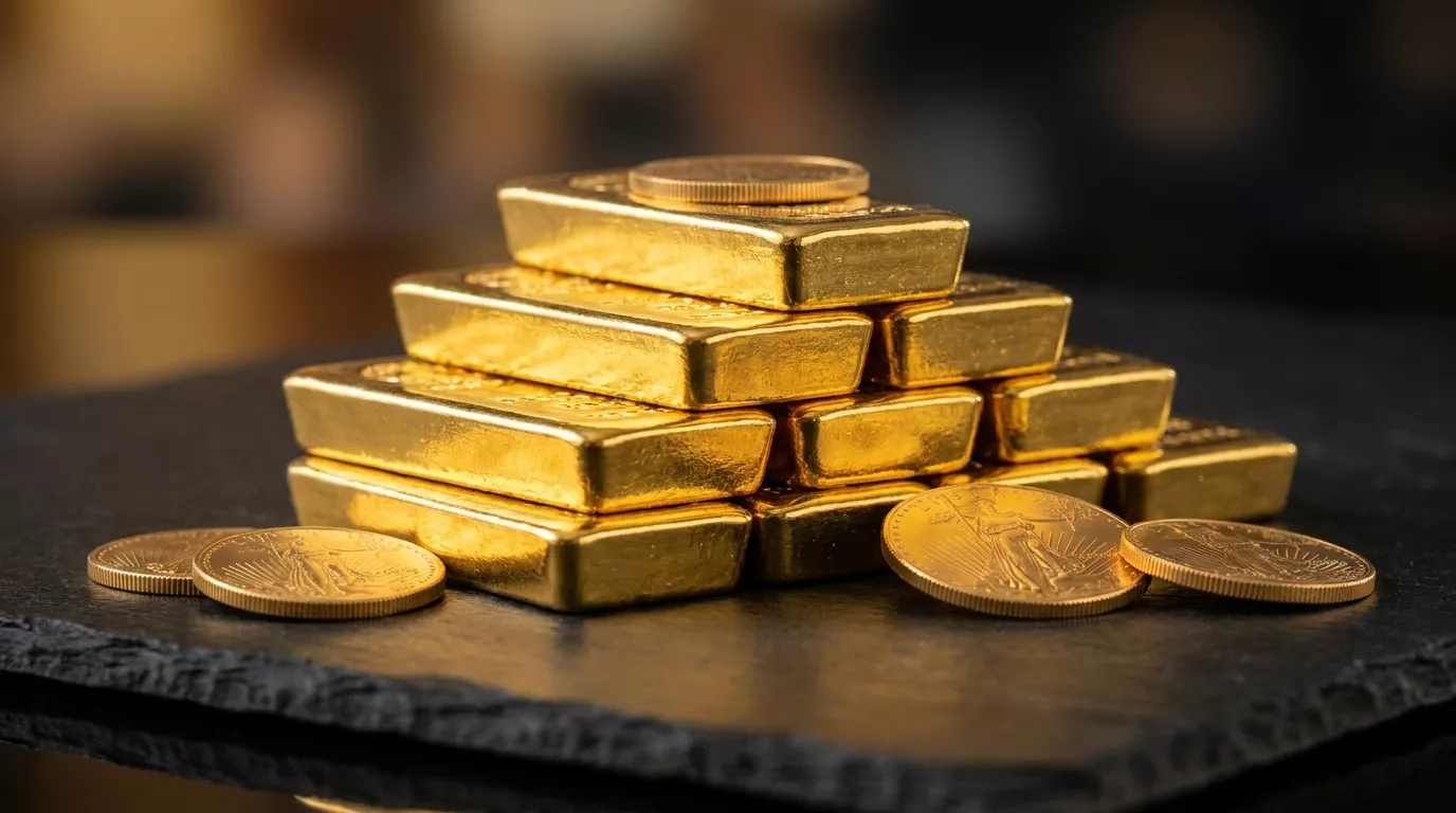 Gold bars and coins representing a trustworthy precious-metals dealer