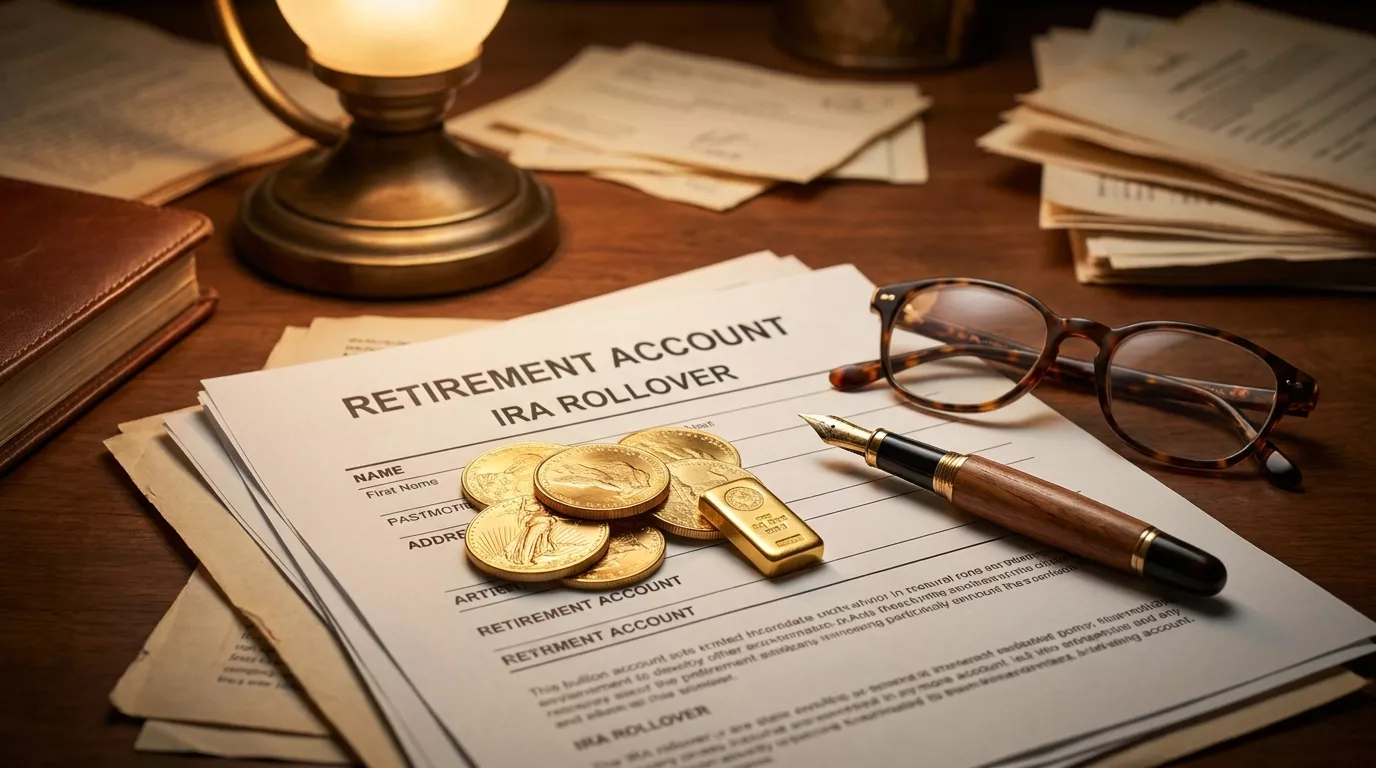 Retirement rollover paperwork beside gold coins