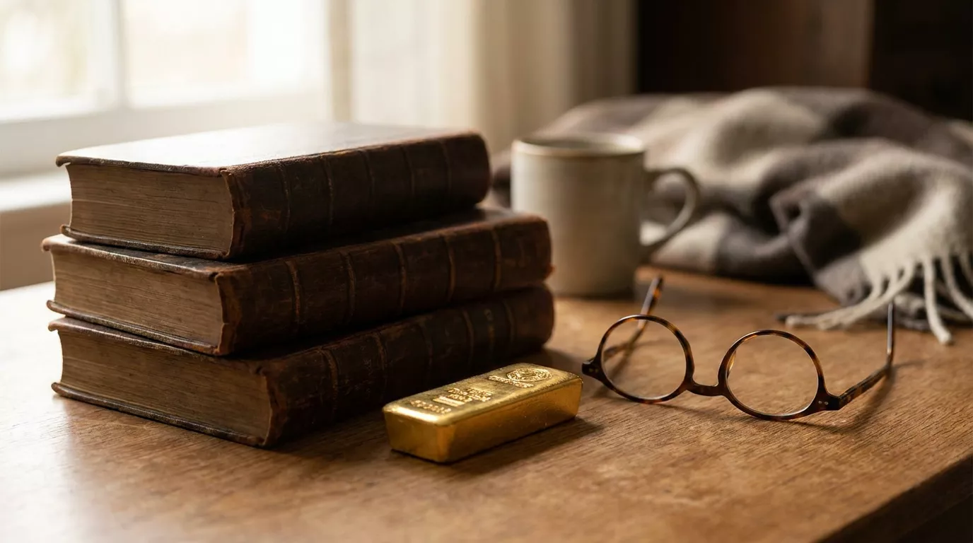 A stack of leather-bound reference books beside a gold bar